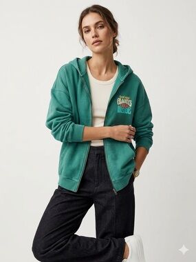Pull & Bear Pacific Republic Green Graphic Zip Up Hoodie Streetwear Y2K M